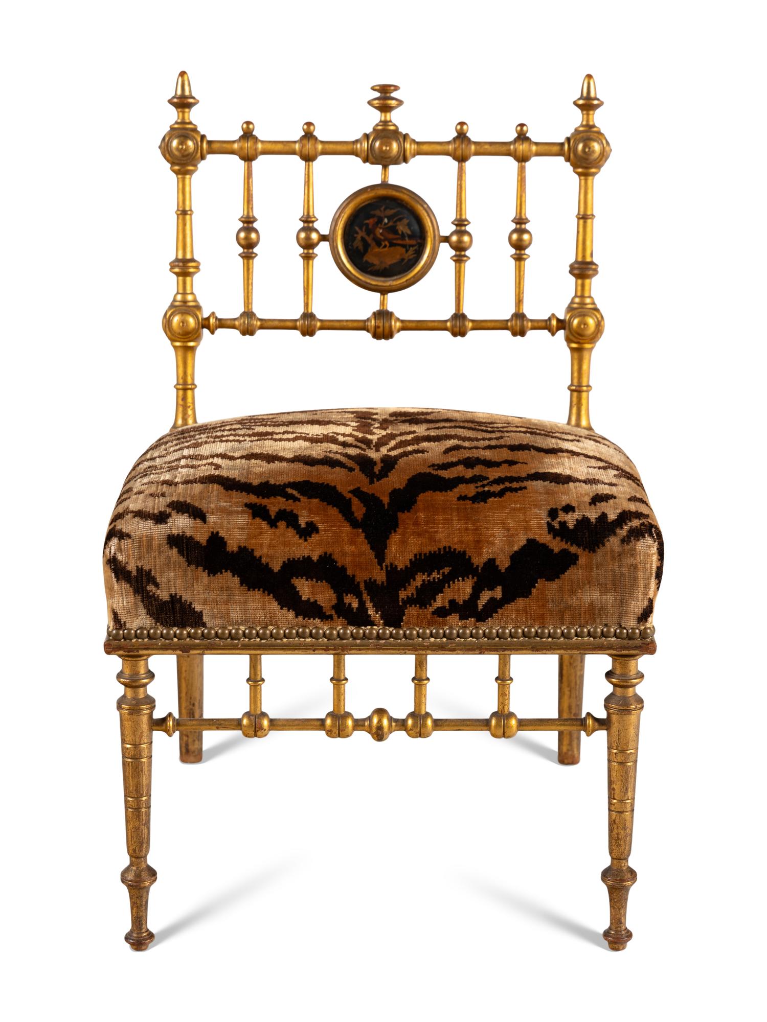 An Aesthetic Movement Giltwood Side Chair with Scalamandré Upholstery
