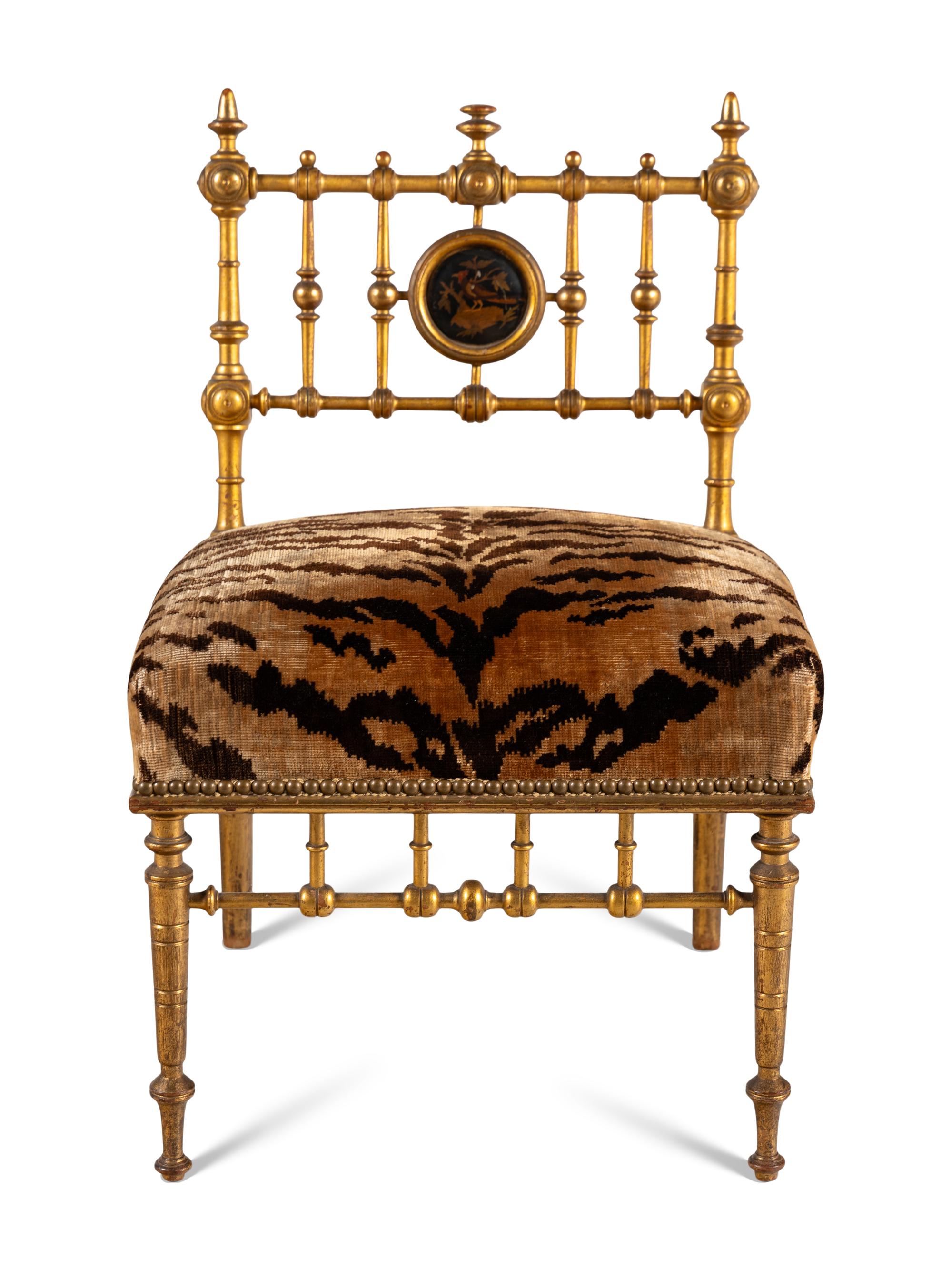 An Aesthetic Movement Giltwood Side Chair with Scalamandré Upholstery