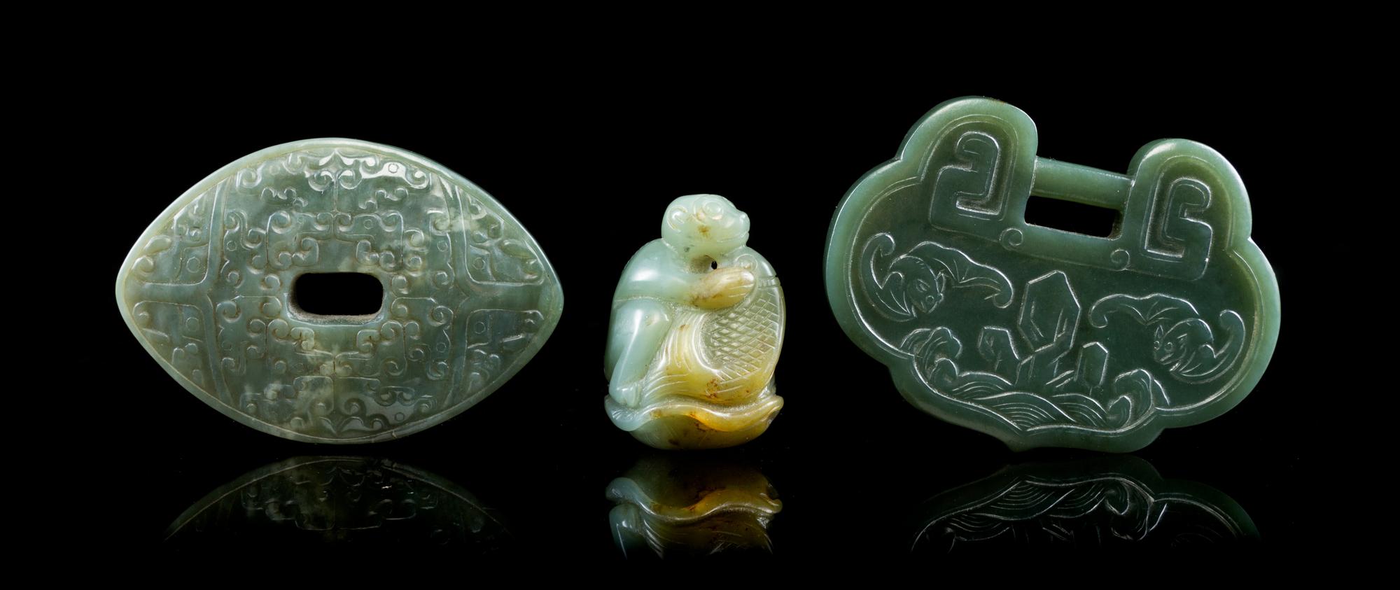 A Group of Three Jade Articles Width of first 3 3/16 inches.