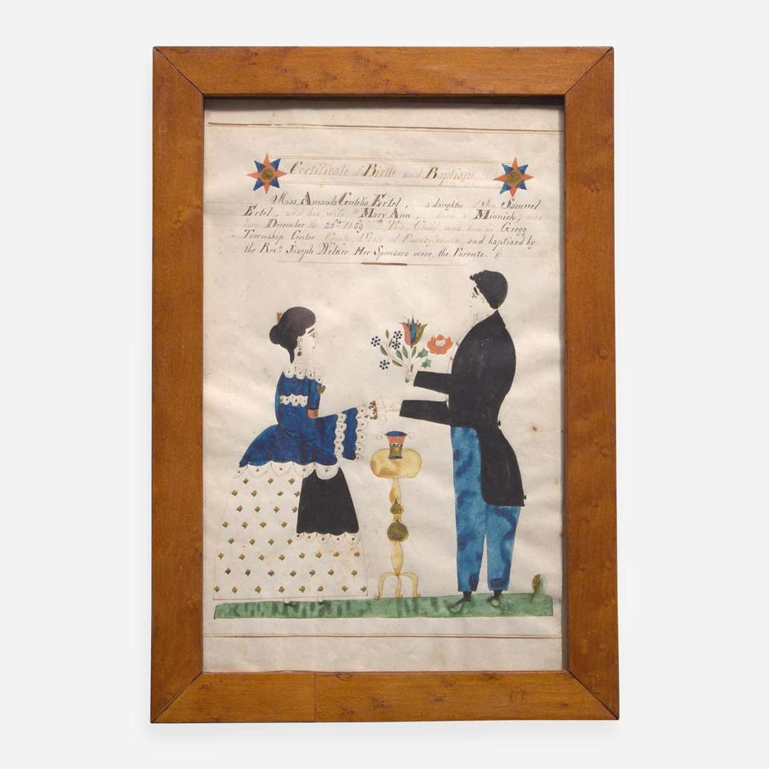 A Fraktur birth and baptism record for Amanda Ertel (b. 1859) Reverend Henry Young (1792-1861)