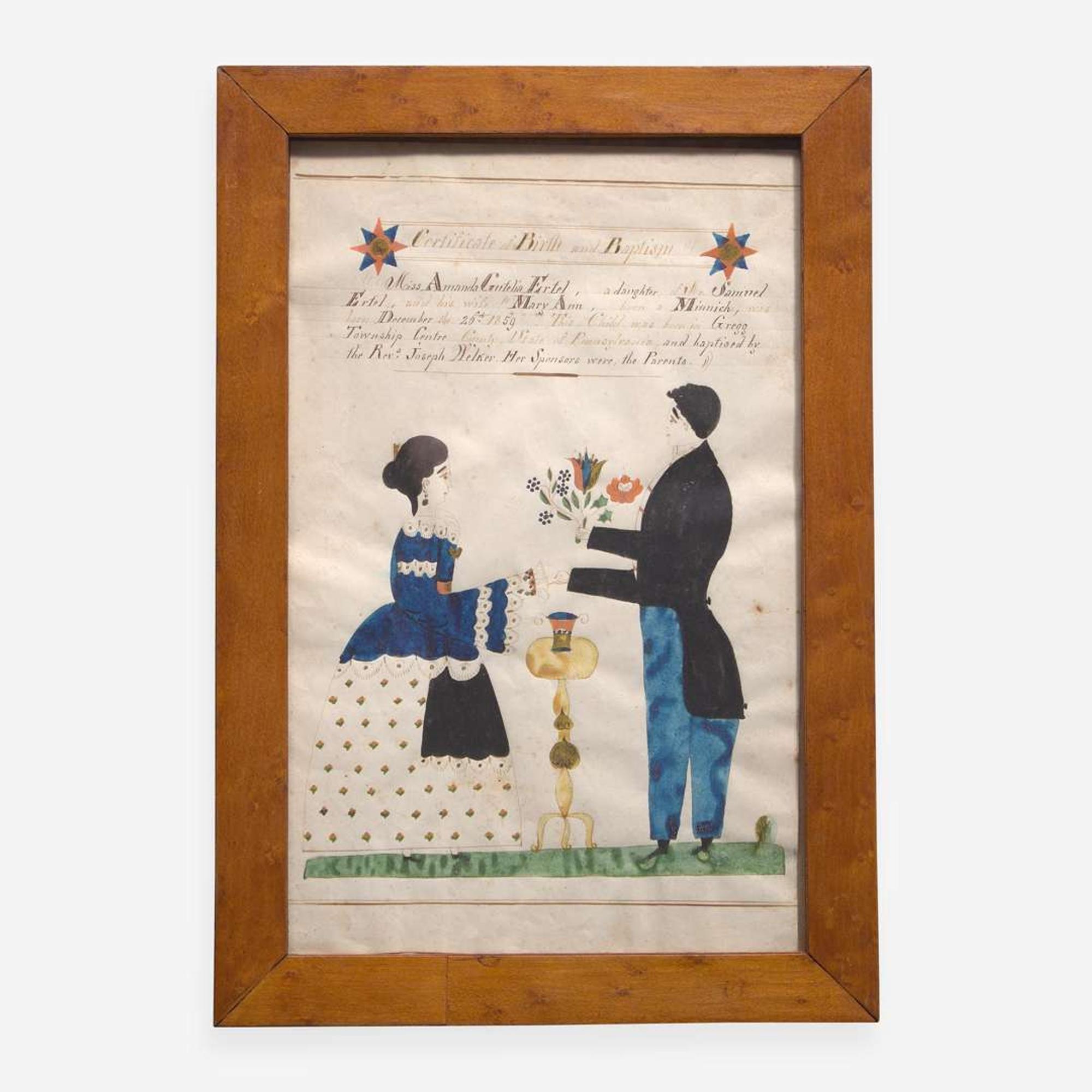 A Fraktur birth and baptism record for Amanda Ertel (b. 1859) Reverend Henry Young (1792-1861)