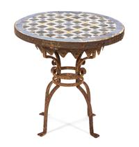 An Addison Mizner Tile Top Iron Side Table Height 20 x diameter 20 1/4 inches. — 20TH CENTURY