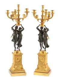 A Pair of Empire Style Gilt and Patinated Bronze Candelabra Height 38 inches. — 20TH CENTURY