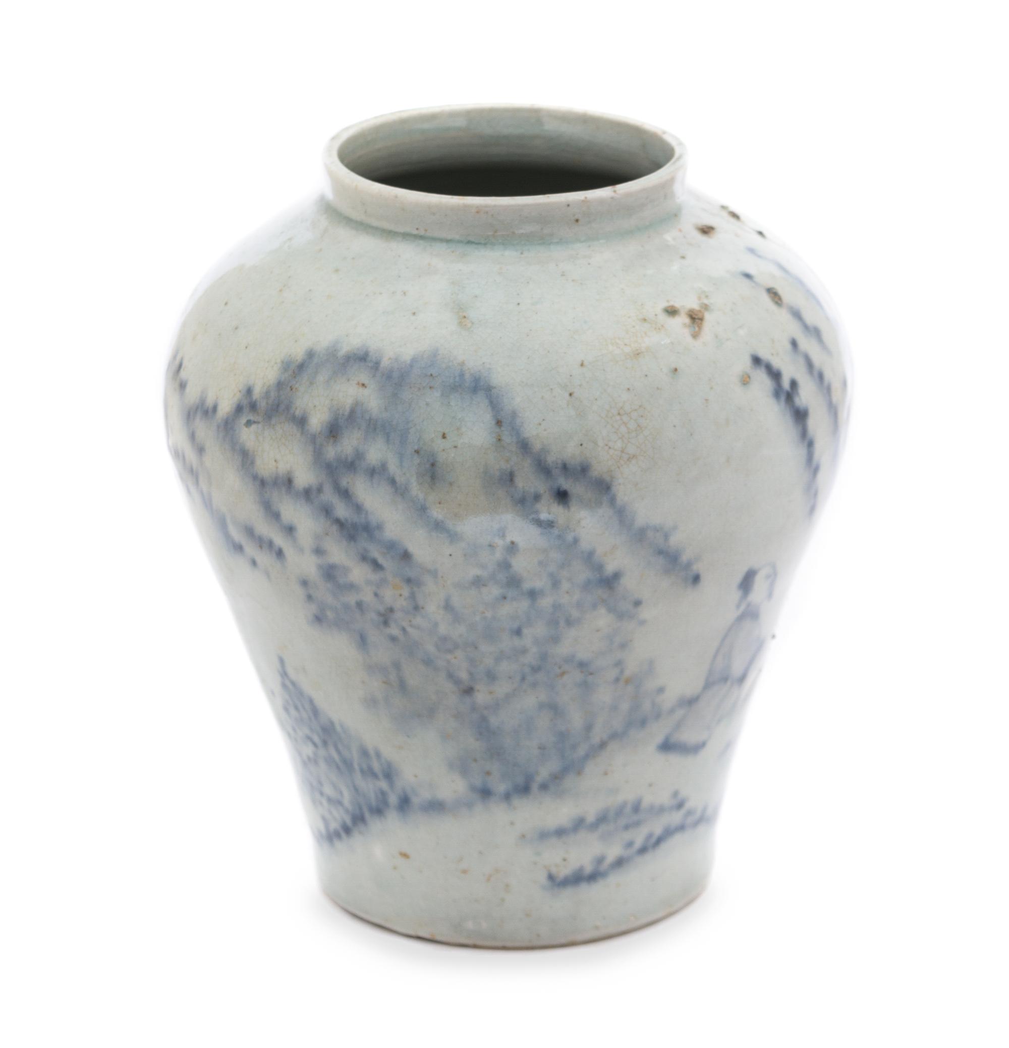 A Korean Blue and White Porcelain Jar JOSEON DYNASTY, 18TH/19TH CENTURY Height 9 inches. — JOSEON DYNASTY, 18TH/19TH CENTURY