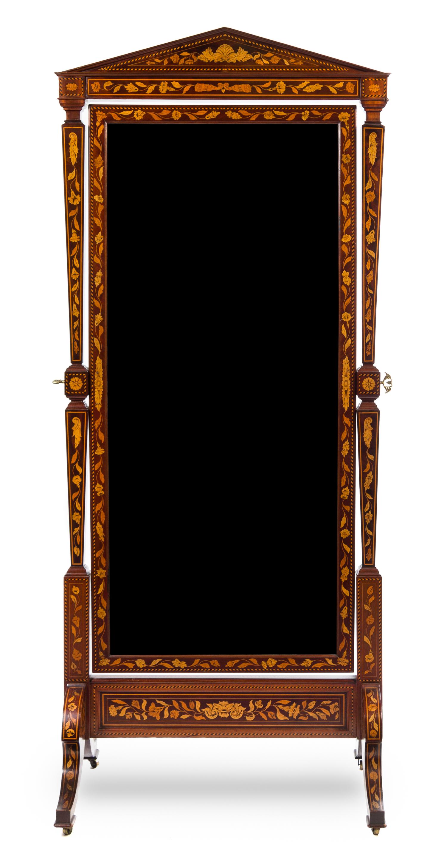 A Dutch Marquetry Cheval Mirror Height 82 x width 34 inches. — LATE 19TH/EARLY 20TH CENTURY