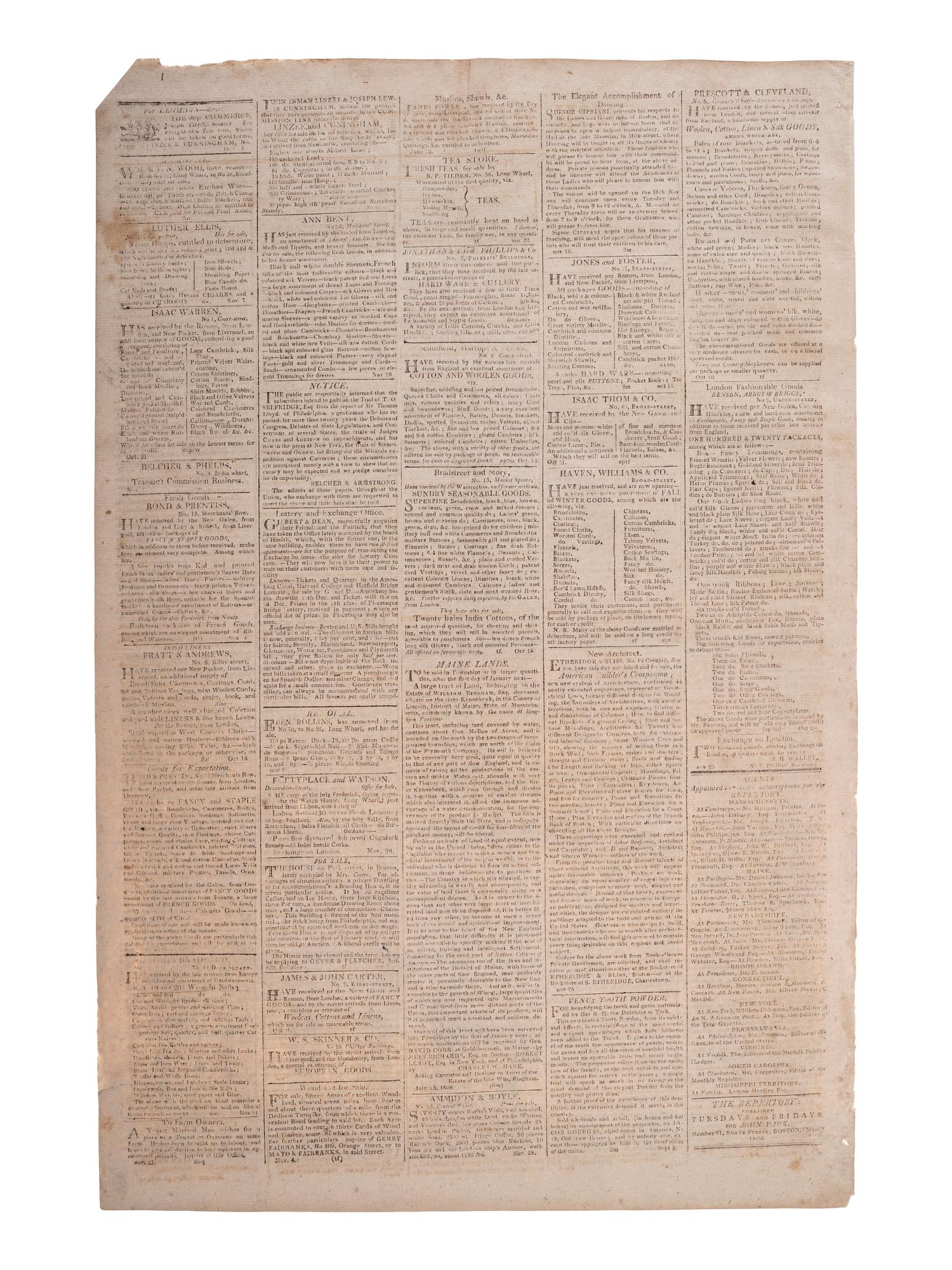 [POLITICS - JEFFERSON, Thomas (1743-1826)]. The Repertory. Boston, 12 December 1806.