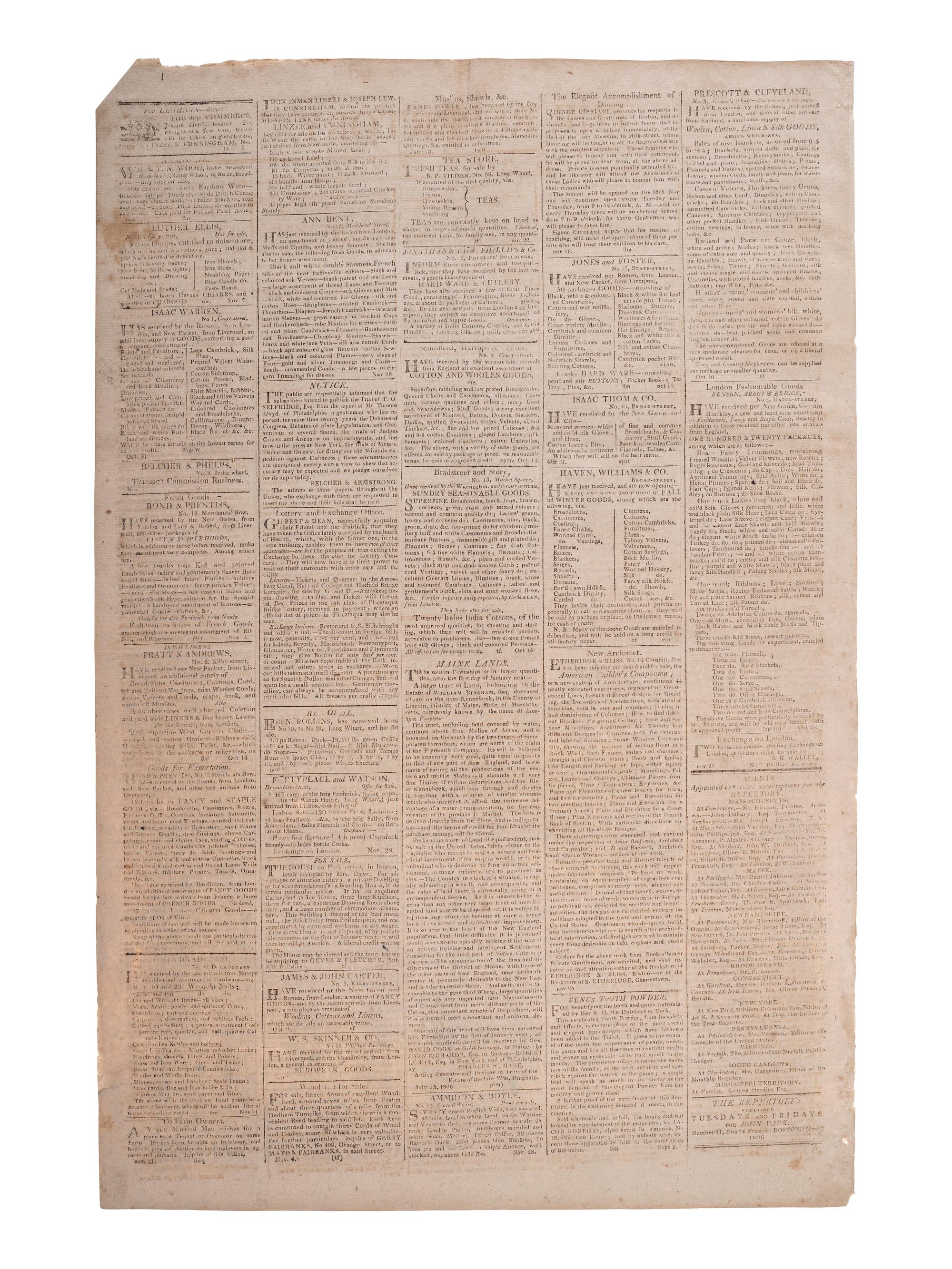 [POLITICS - JEFFERSON, Thomas (1743-1826)]. The Repertory. Boston, 12 December 1806.