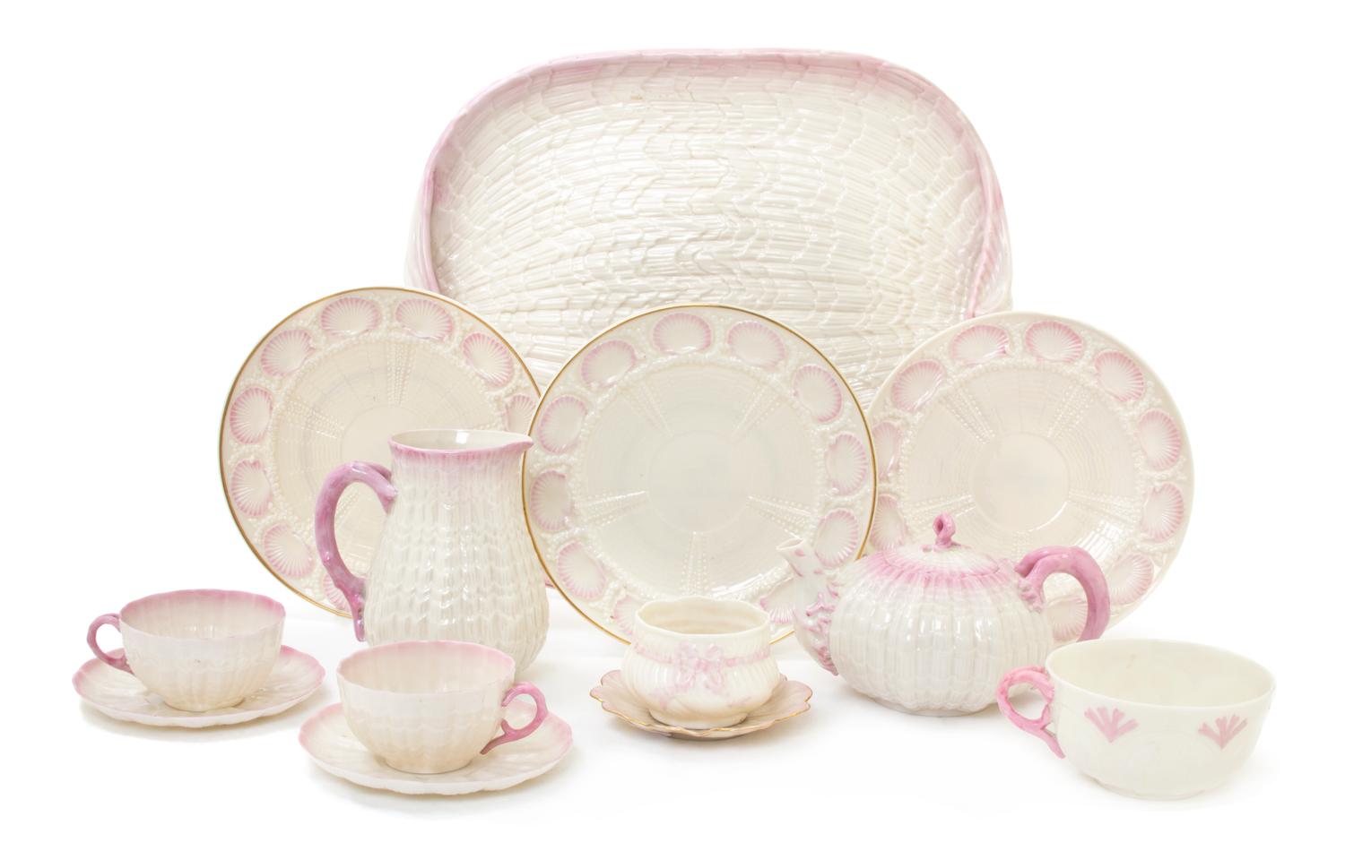 An Assembled Belleek Porcelain Tea Service for Two, Width of tray 15 3/4 inches.