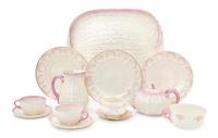 An Assembled Belleek Porcelain Tea Service for Two, Width of tray 15 3/4 inches.