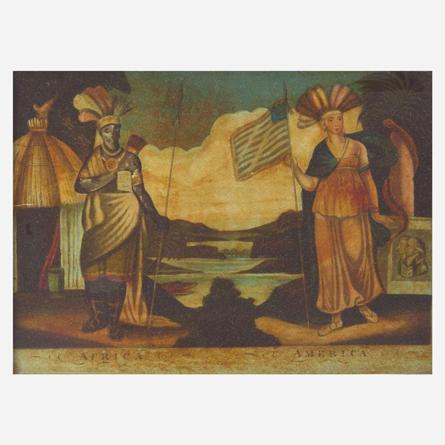 A reverse glass painted mezzotint depicting Africa and America Published by W.B. Walker, London, August 20, 1807