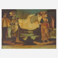 A reverse glass painted mezzotint depicting Africa and America Published by W.B. Walker, London, August 20, 1807
