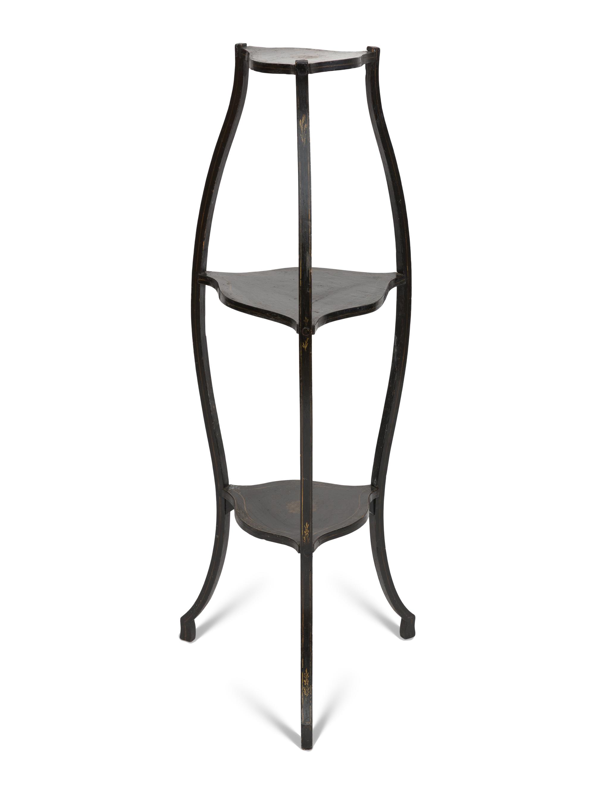A Continental Style Black-Painted and Parcel Gilt Bombe Tripod Stand
