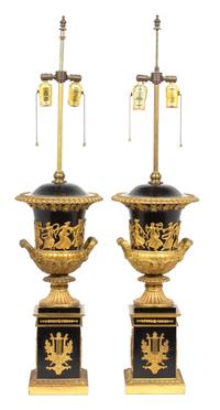 A Pair of Empire Style Gilt Metal Mounted Black Tole Campana-Form Urns Height 38 inches. — LATE 19TH/EARLY 20TH CENTURY