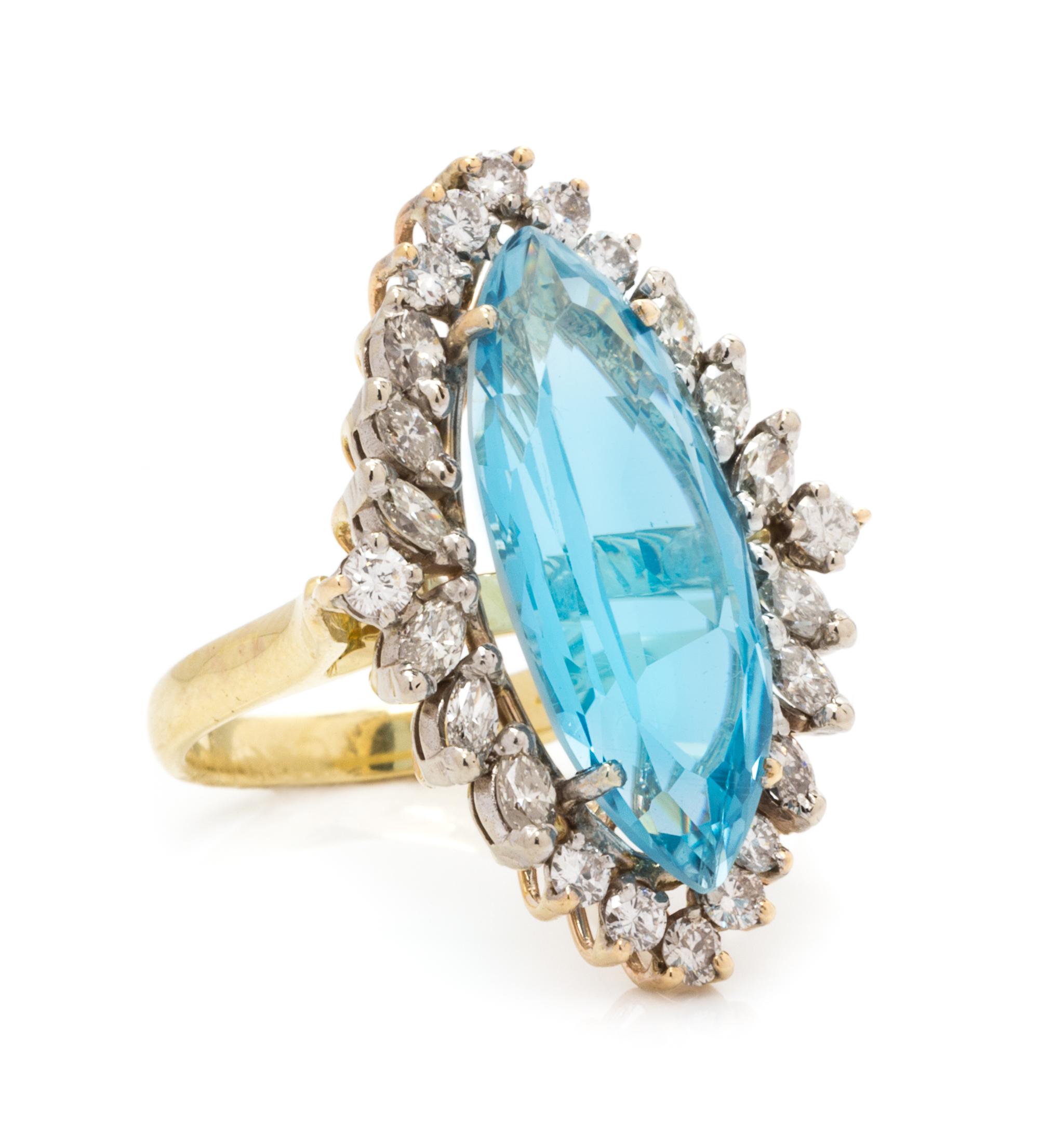 A Yellow Gold, Aquamarine and Diamond Ring, 5.20 dwts.