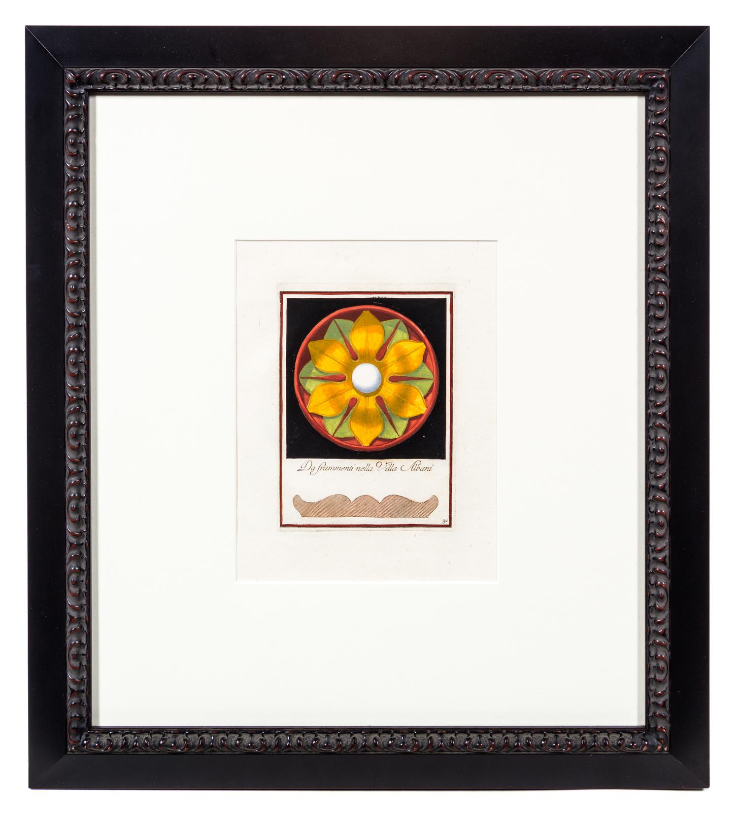A Group of Four Engravings with Hand Coloring Each 8 7/8 x 6 3/4 inches (visible).