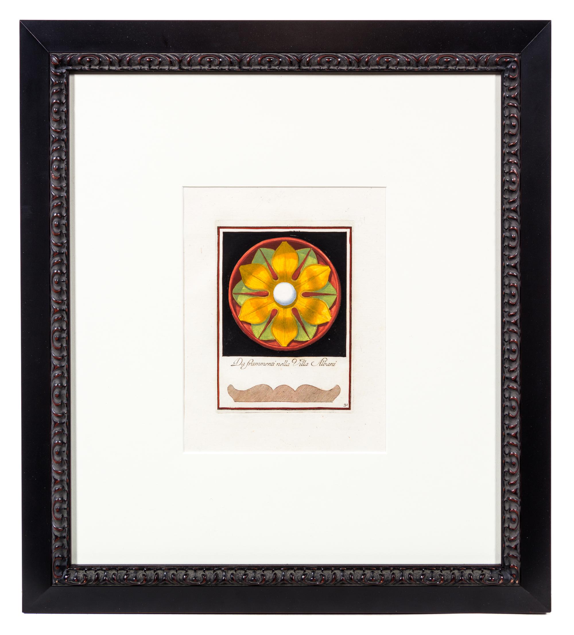 A Group of Four Engravings with Hand Coloring Each 8 7/8 x 6 3/4 inches (visible).
