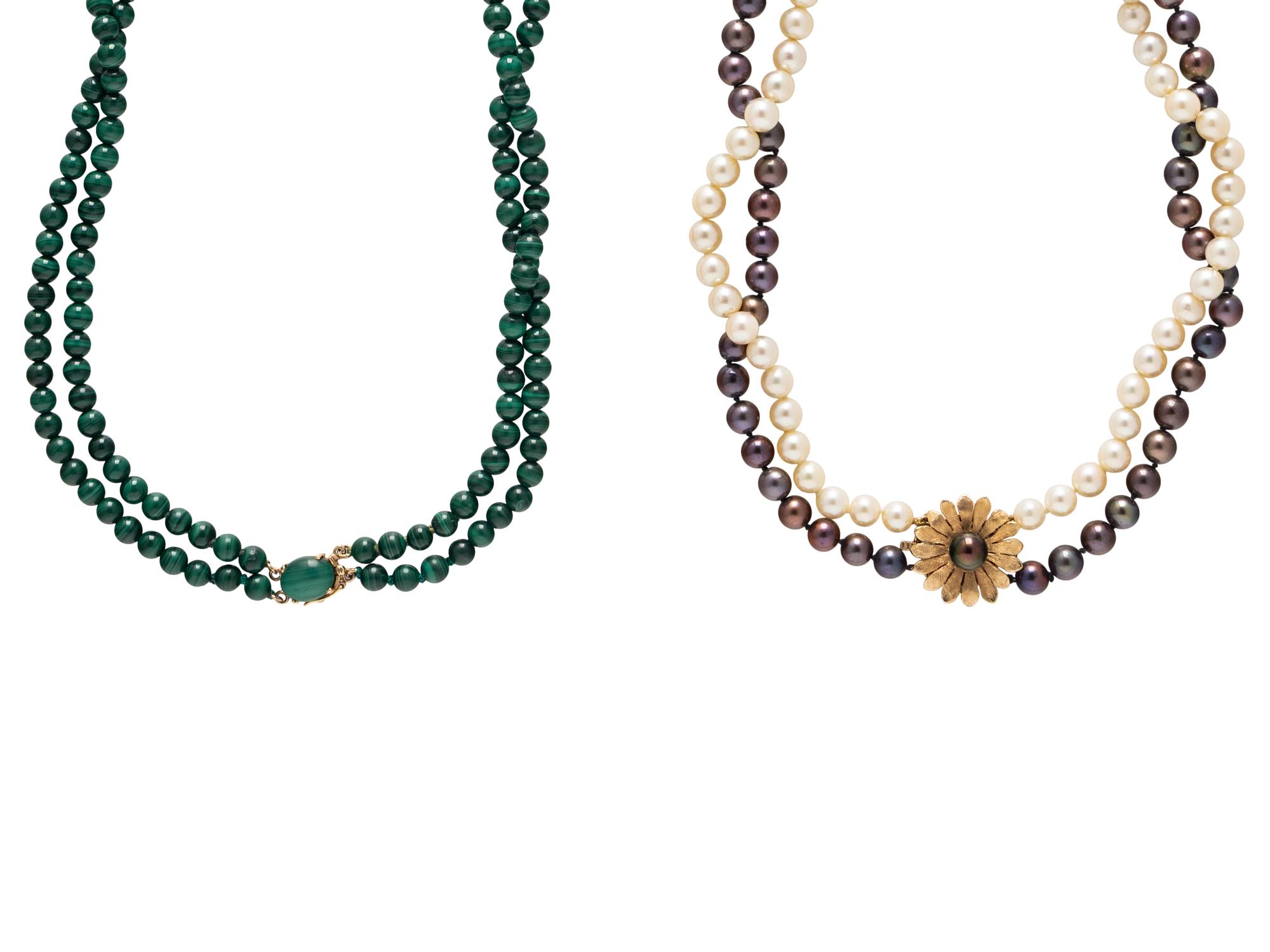 CULTURED PEARL NECKLACE AND MALACHITE NECKLACE