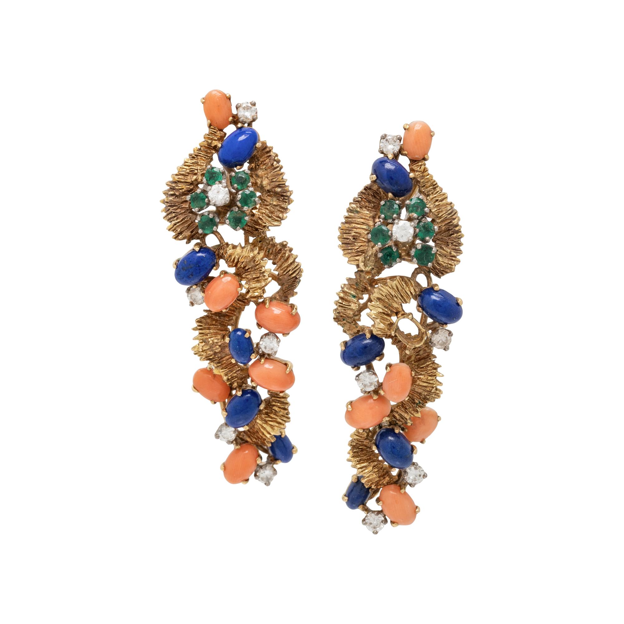 CORAL, LAPIS LAZULI, EMERALD, AND DIAMOND EARRINGS