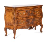 A Pair of Louis XV Style Walnut Bombé Form Commodes