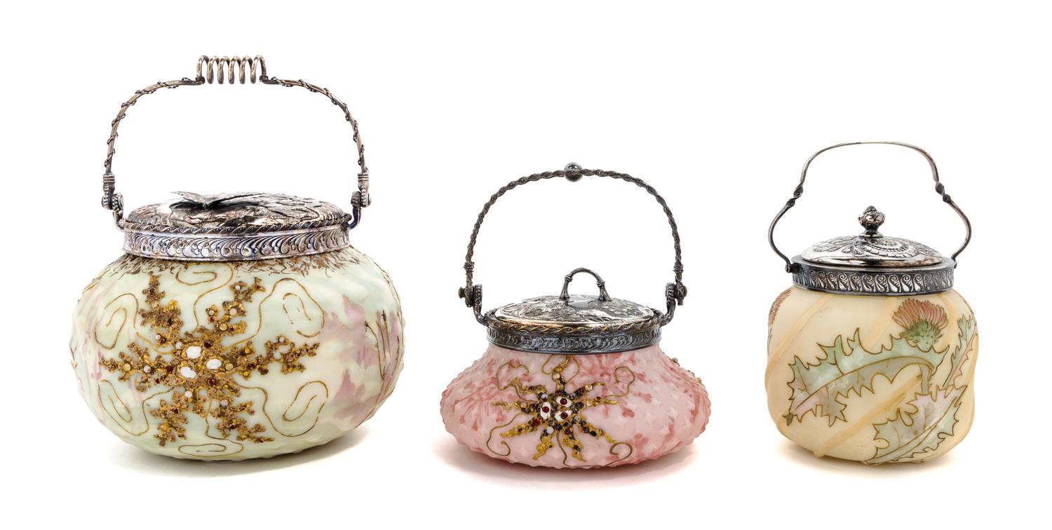 Three Crown Milano Silver-Plate Mounted Jars Height of tallest overall 9 inches — 19TH CENTURY