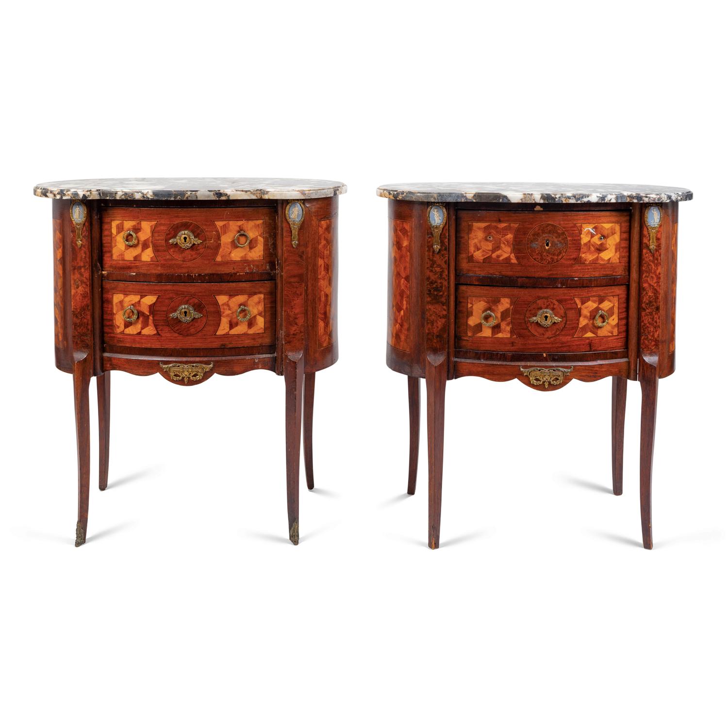 A Pair of Louis XV/XVI Transitional Style Parquetry Inlaid Marble Top Side Cabinets