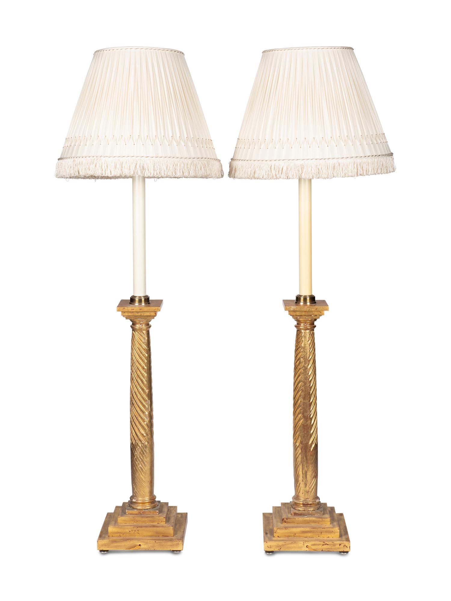 A Pair of Giltwood Table Lamps with Custom Silk Shades