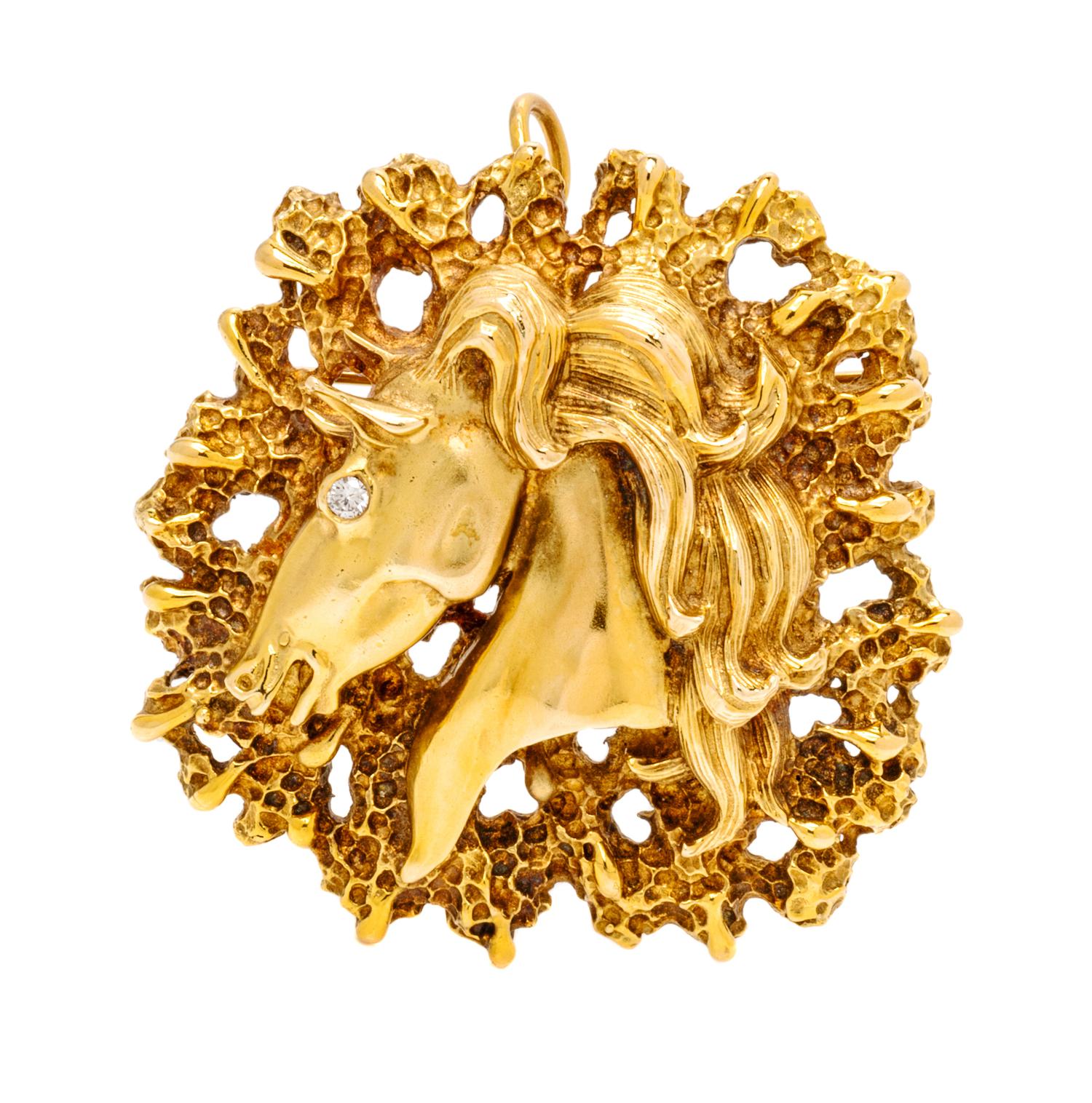 A 14 Karat Yellow Gold and Diamond Horse Head Pendant/Brooch, La Triomphe, 24.50 dwts.