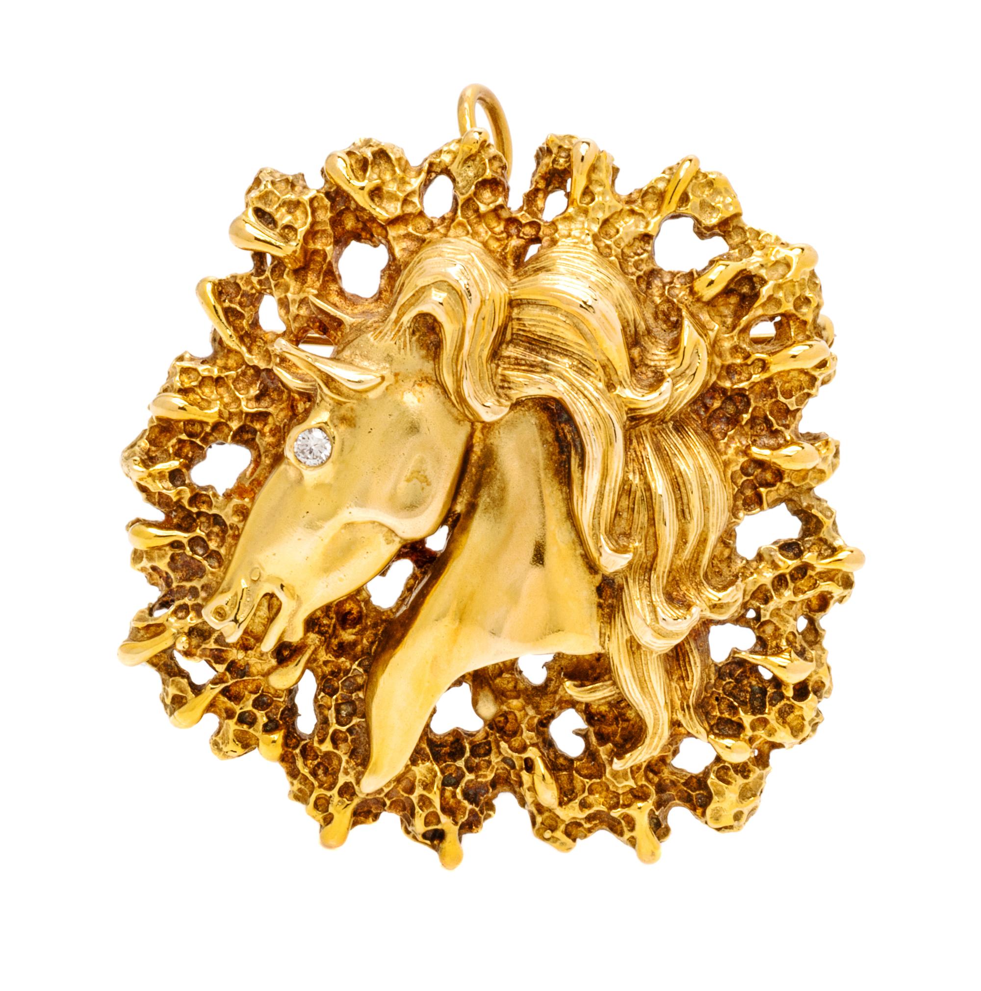 A 14 Karat Yellow Gold and Diamond Horse Head Pendant/Brooch, La Triomphe, 24.50 dwts.