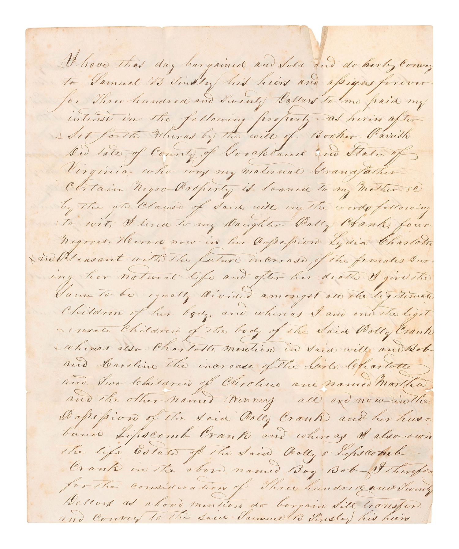 [ENSLAVEMENT]. Manuscript estate document outlining division of enslaved persons. 15 September 1846.