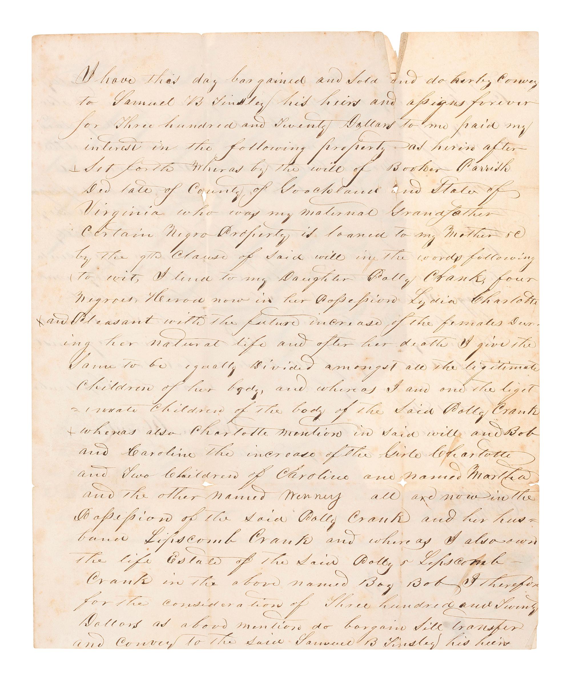 [ENSLAVEMENT]. Manuscript estate document outlining division of enslaved persons. 15 September 1846.