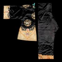 A Set of Chinese Navy Ground Embroidered Silk 'Crane' Jacket and Matching Pants, 19th Century 清晚期 石青地盤金綉團鶴紋女褂褲一套