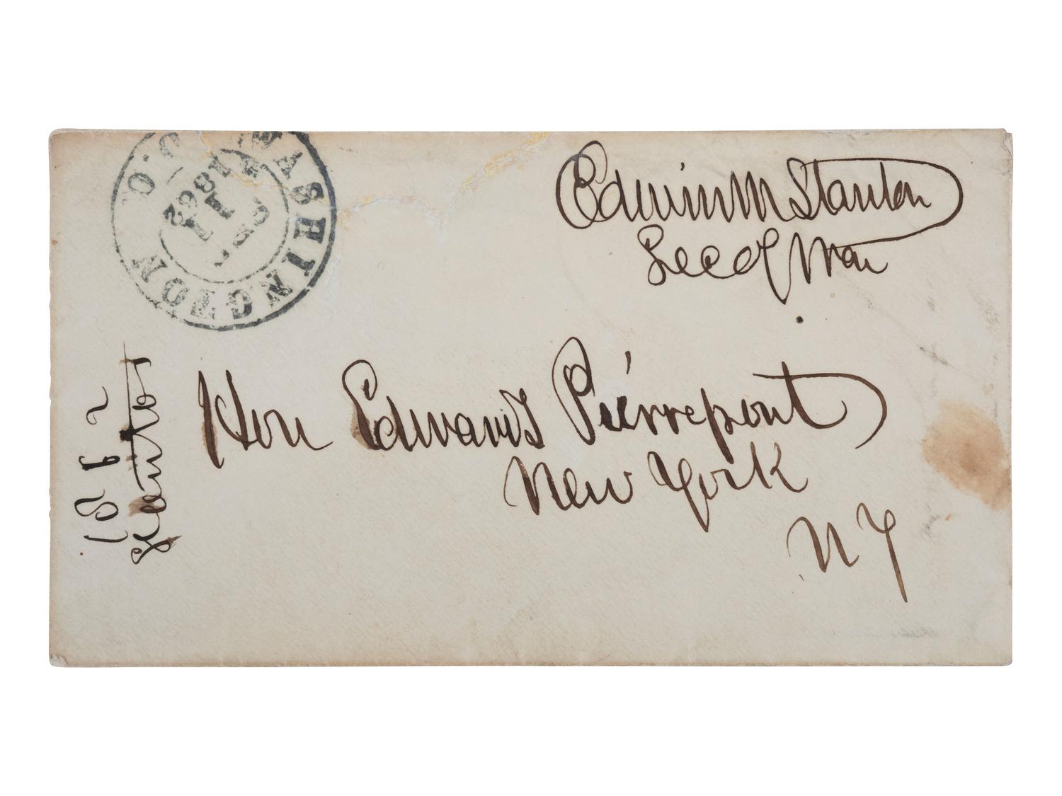 [CIVIL WAR]. STANTON, Edwin (1814-1869). Autograph letter signed ("Edwin M. Stanton") as Secretary of War, addressed to Edwards Pierrepont. Washington City, DC, 10 September 1862. With free franked envelope.