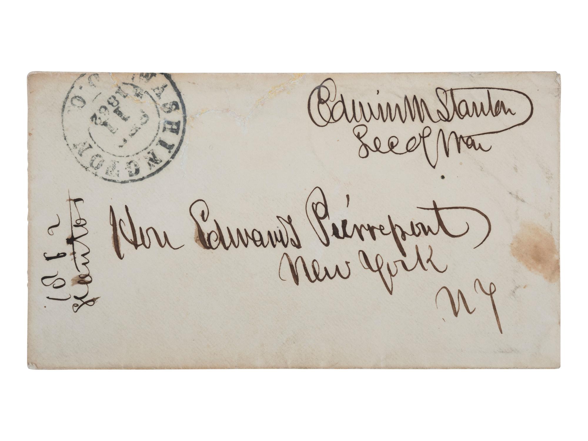 [CIVIL WAR]. STANTON, Edwin (1814-1869). Autograph letter signed ("Edwin M. Stanton") as Secretary of War, addressed to Edwards Pierrepont. Washington City, DC, 10 September 1862. With free franked envelope.