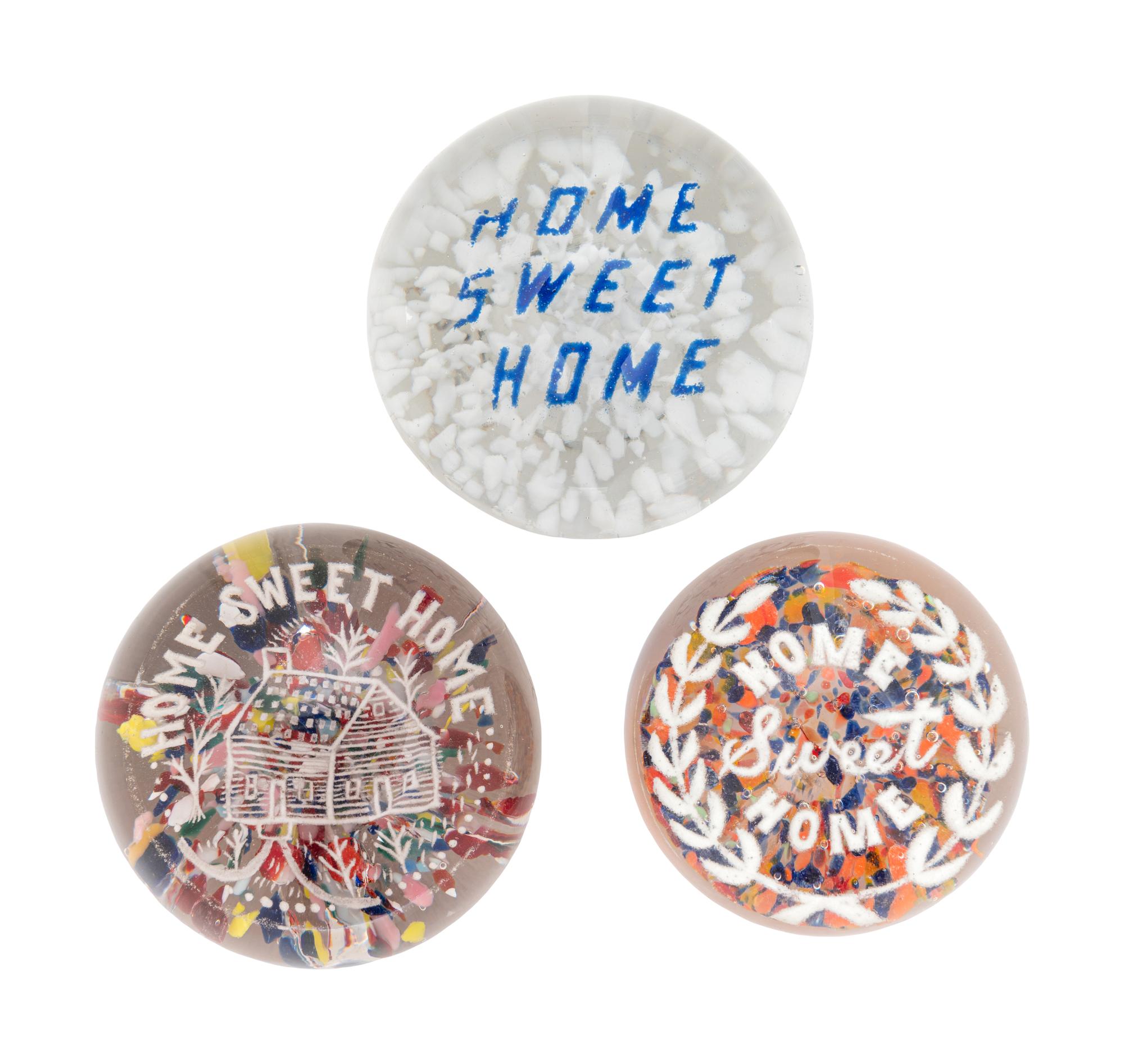 Three American Frit Home Sweet Home Motto Over Speckled Ground Glass Paperweights