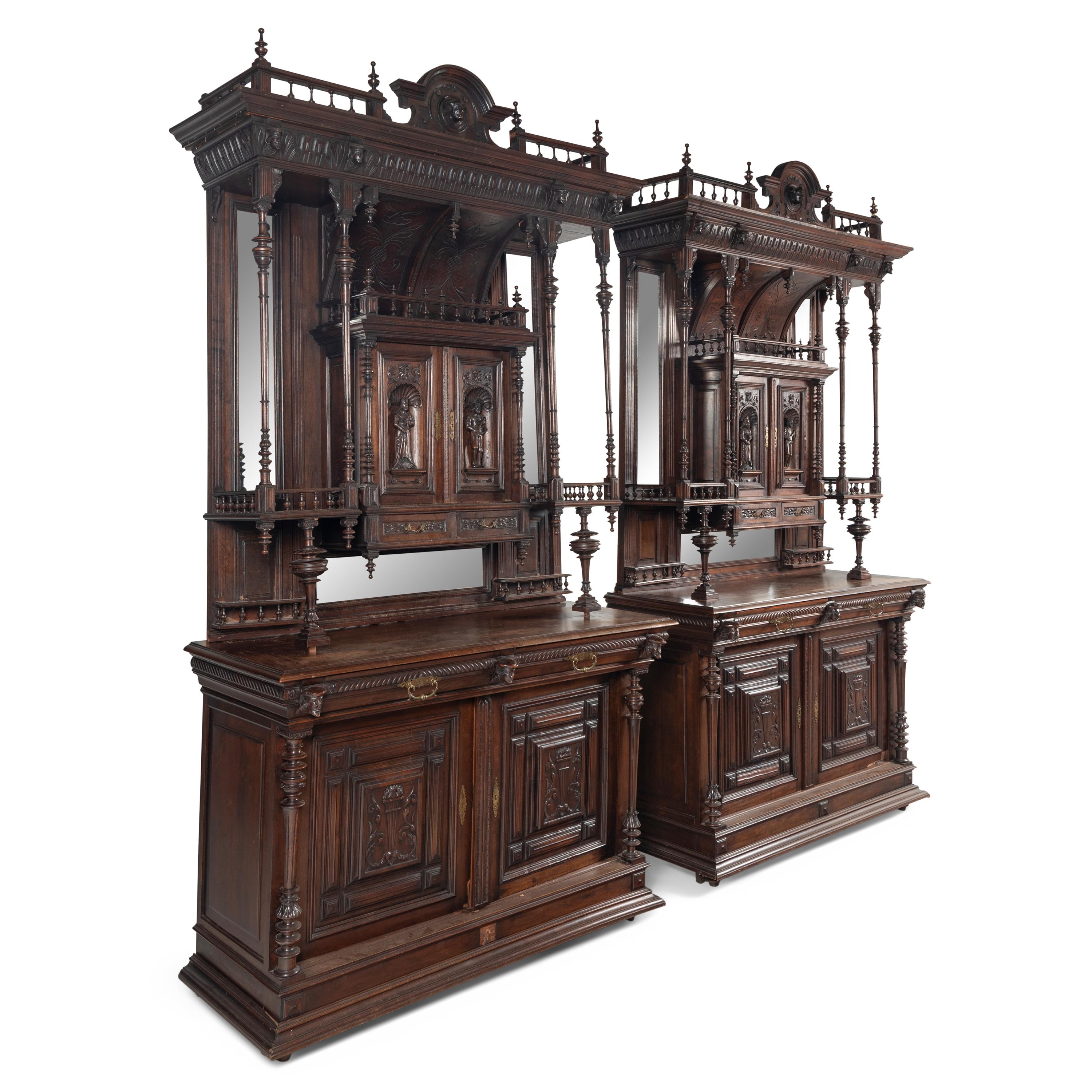 A Pair of French Renaissance Revival Walnut Serving Cabinets