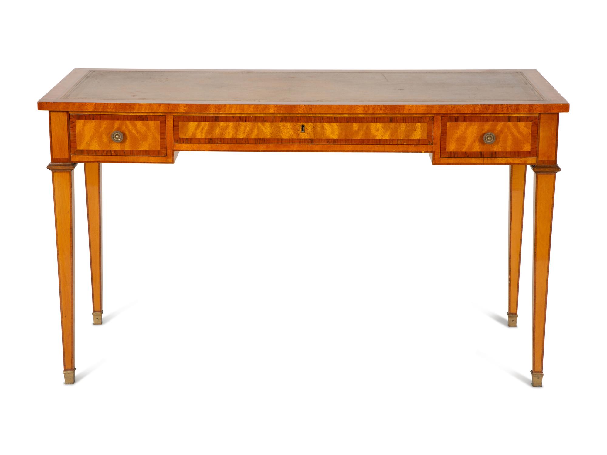 A Louis Philippe Style Satinwood Inlaid Leather Top Writing Desk — 20th Century