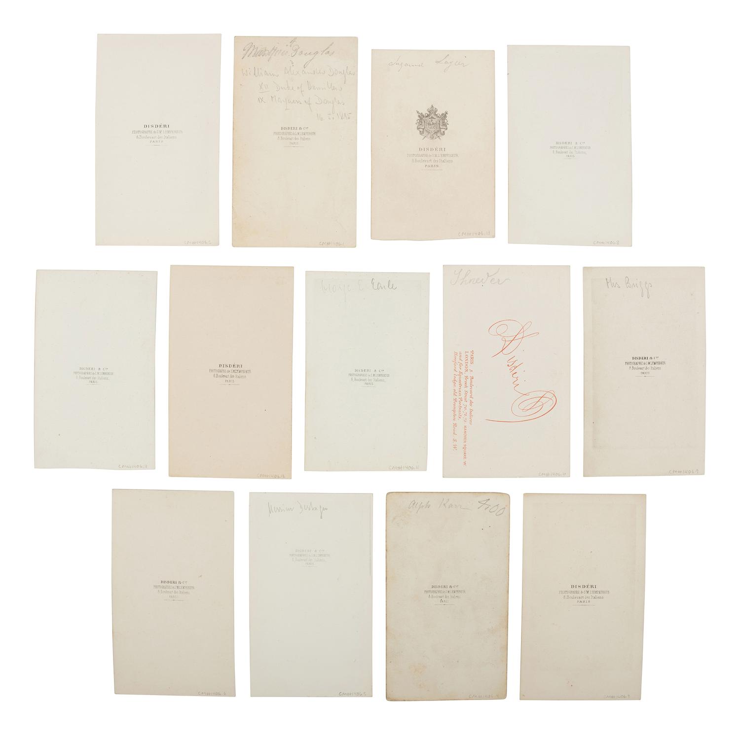 [EARLY PHOTOGRAPHY]. DISDERI, André Adolphe-Eugène (French, 1819–1889). A group of 13 CDVs.