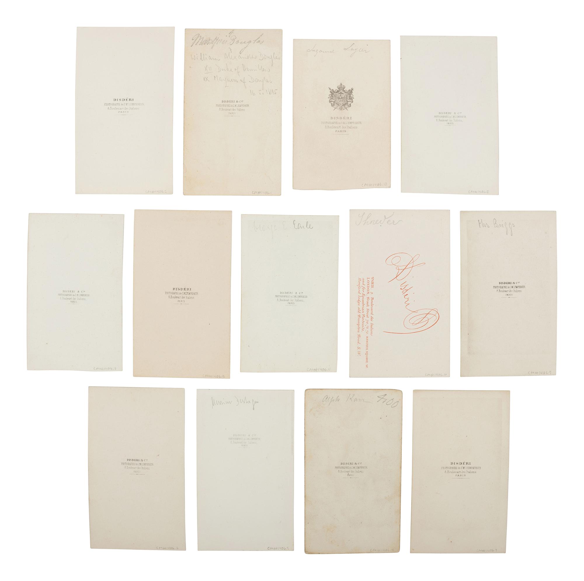 [EARLY PHOTOGRAPHY]. DISDERI, André Adolphe-Eugène (French, 1819–1889). A group of 13 CDVs.