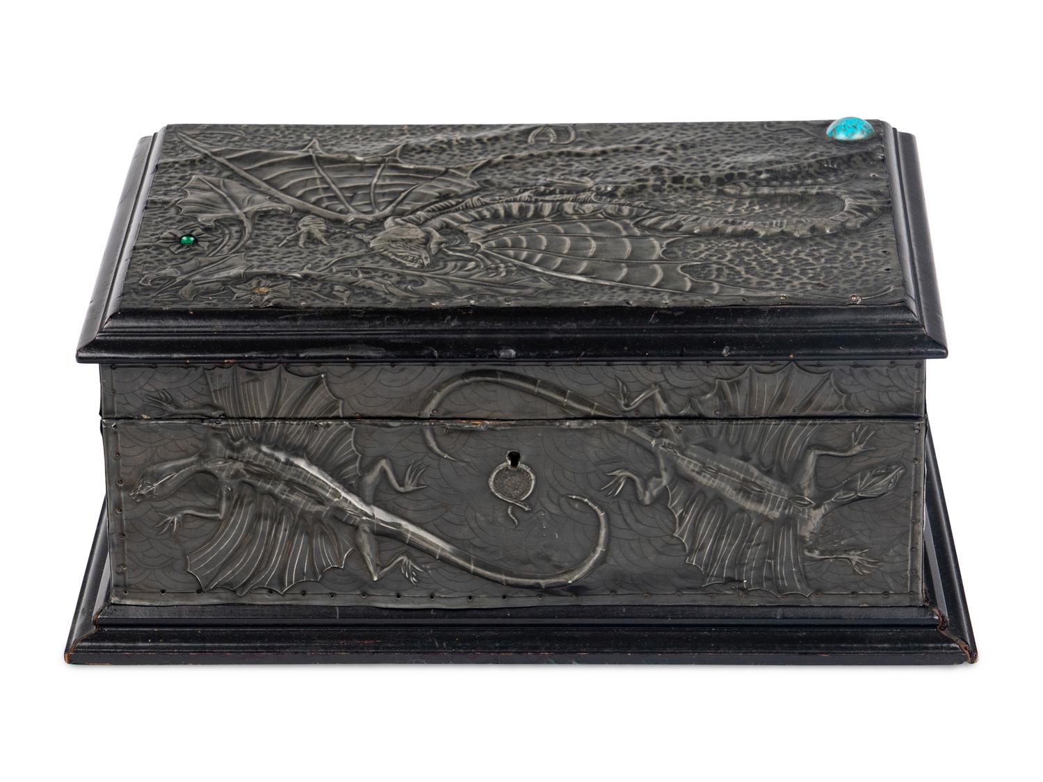 A Repousse Metal and Cabochon-Inset Humidor