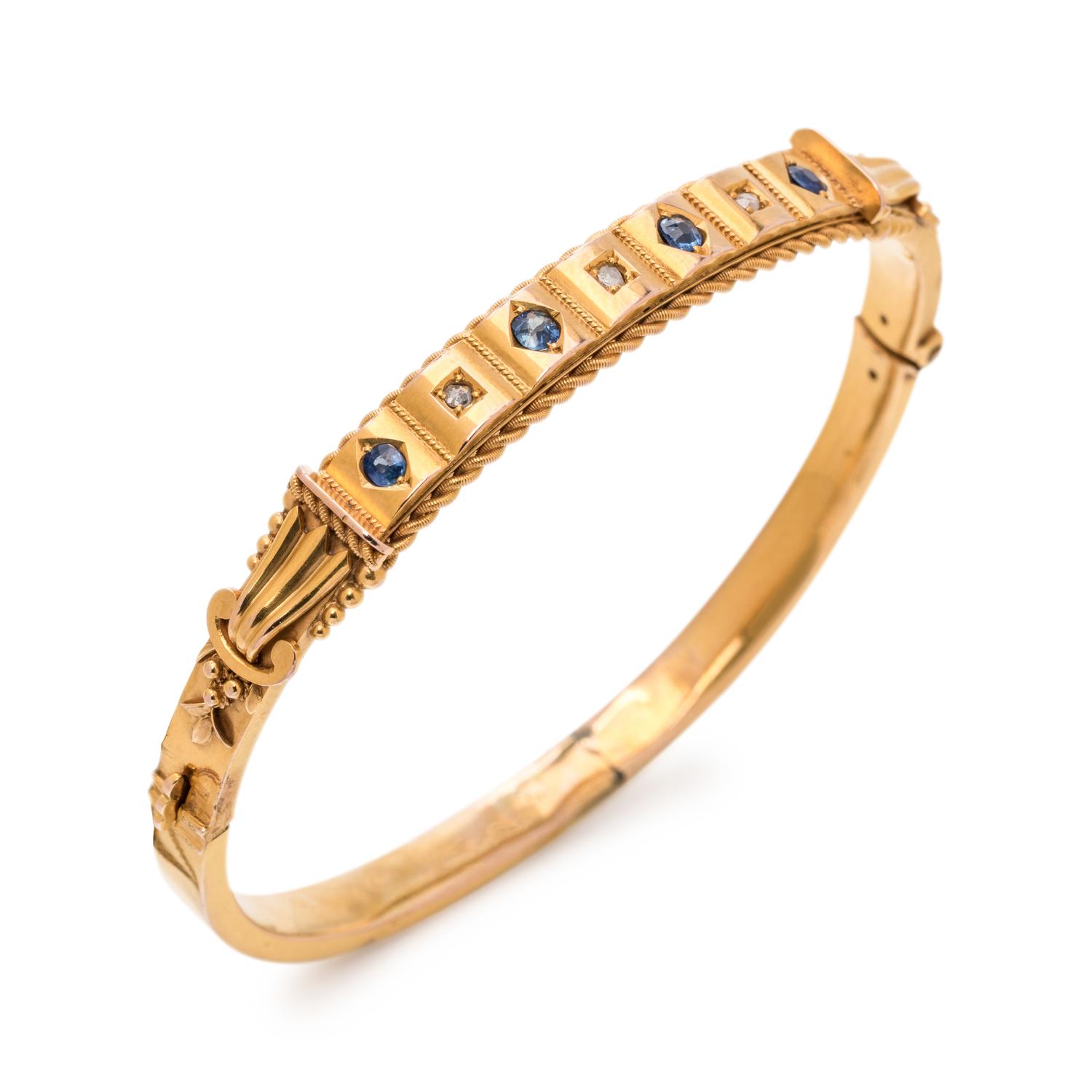 ANTIQUE, YELLOW GOLD, SAPPHIRE AND DIAMOND BANGLE BRACELET