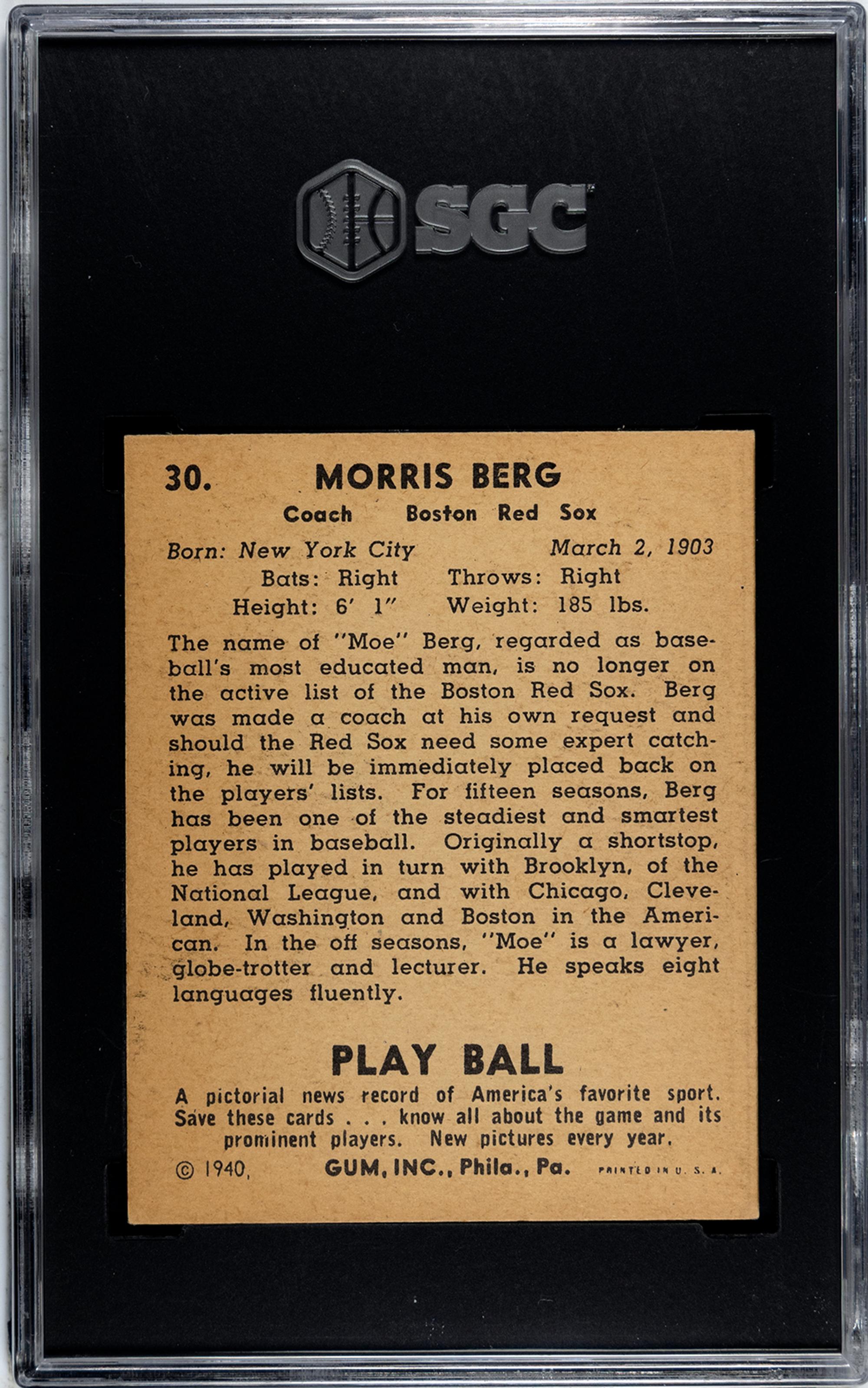 A 1940 Play Ball Moe Berg Baseball Card No. 30 (SGC 7 NRMT)