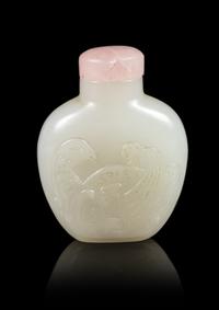 A Carved White Jade Snuff Bottle Height 2 1/2 inches. — 19TH CENTURY