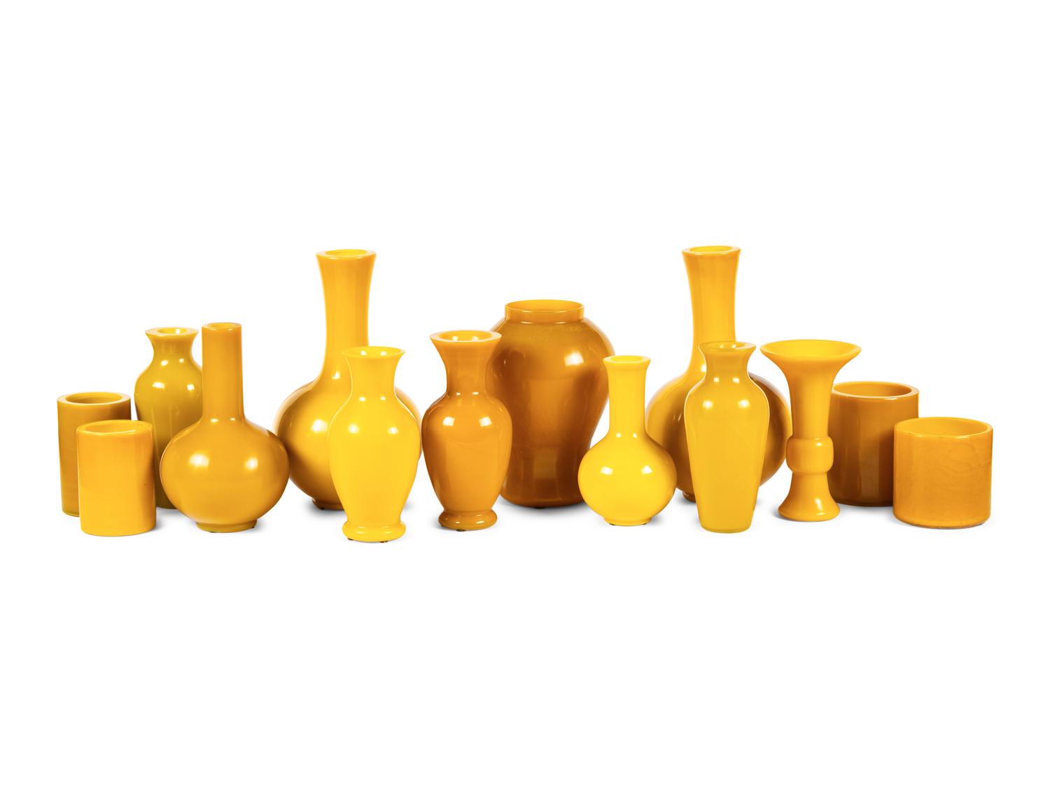 A Collection of Fourteen Chinese Yellow Peking Glass Vases