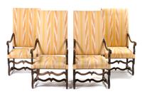 A Set of Four Italian Walnut Open Armchairs, Height 52 inches.