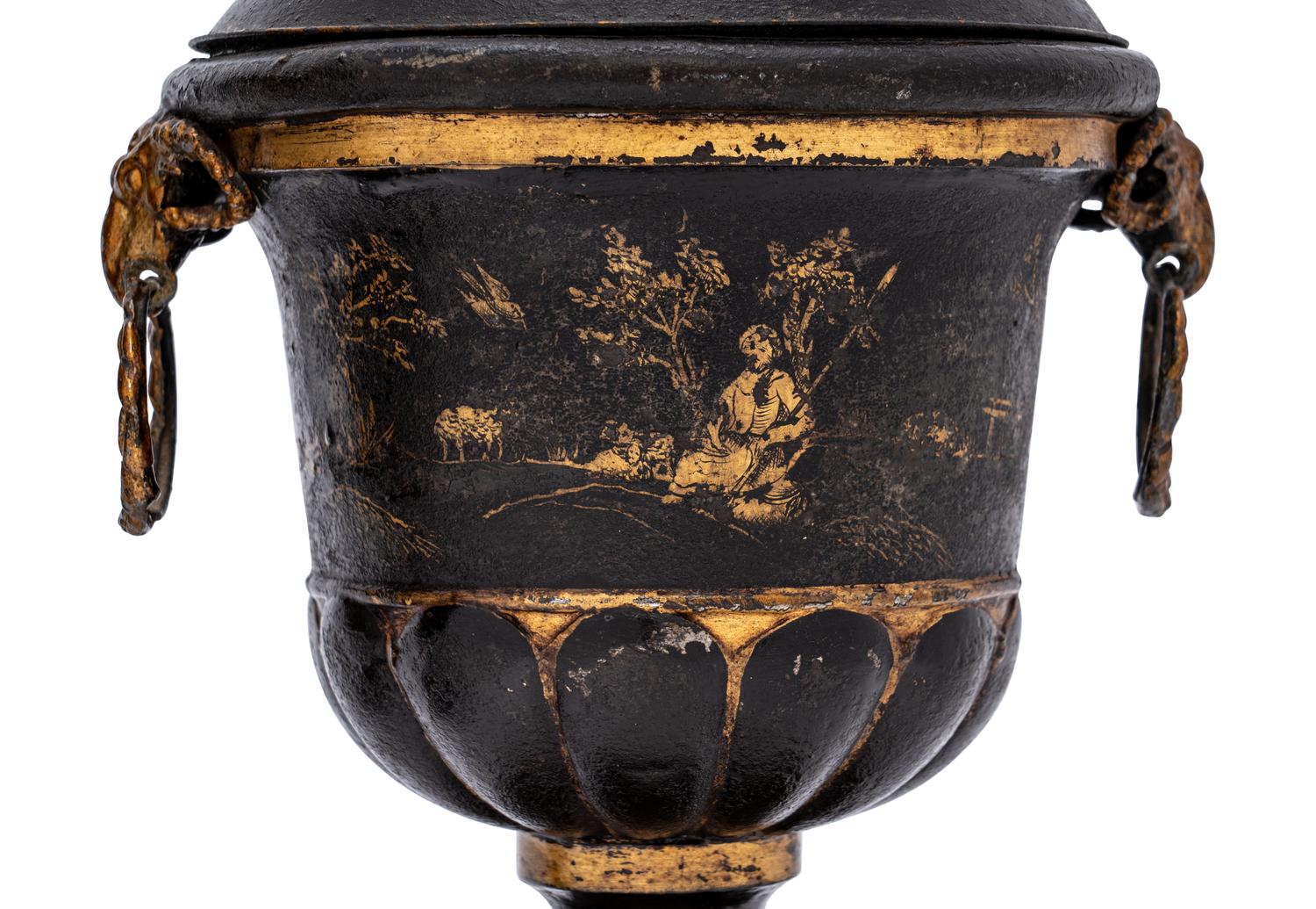A Pair of Late George III Painted Tôle Urns