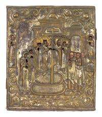 Two Russian Brass Oklad Icons: Exaltation of the Cross and Ascension of Christ