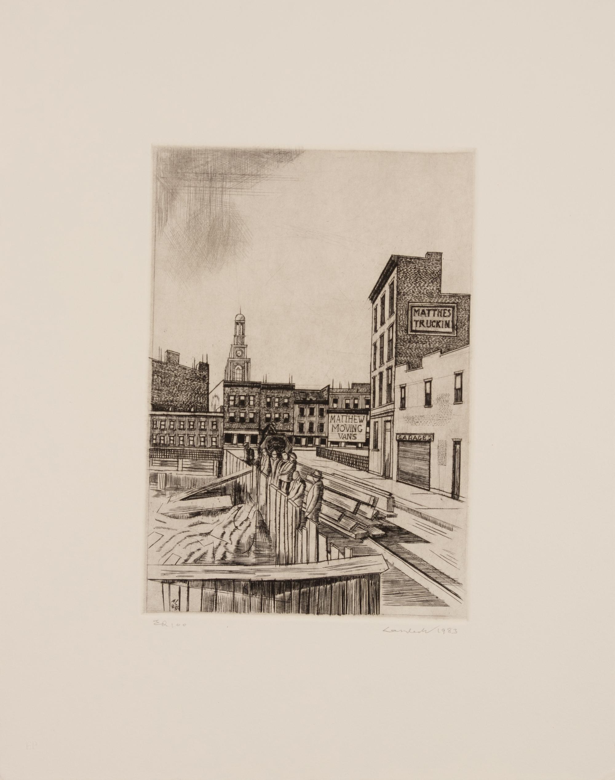 A group of four American prints (Otto Kuhler, No 7 Sp ; Armin Landeck, Excavation Site Manhattan ; Betty Waldo Parish, City Landscape; Bernard Gutmann , Fairy Tower NYC Downtown )