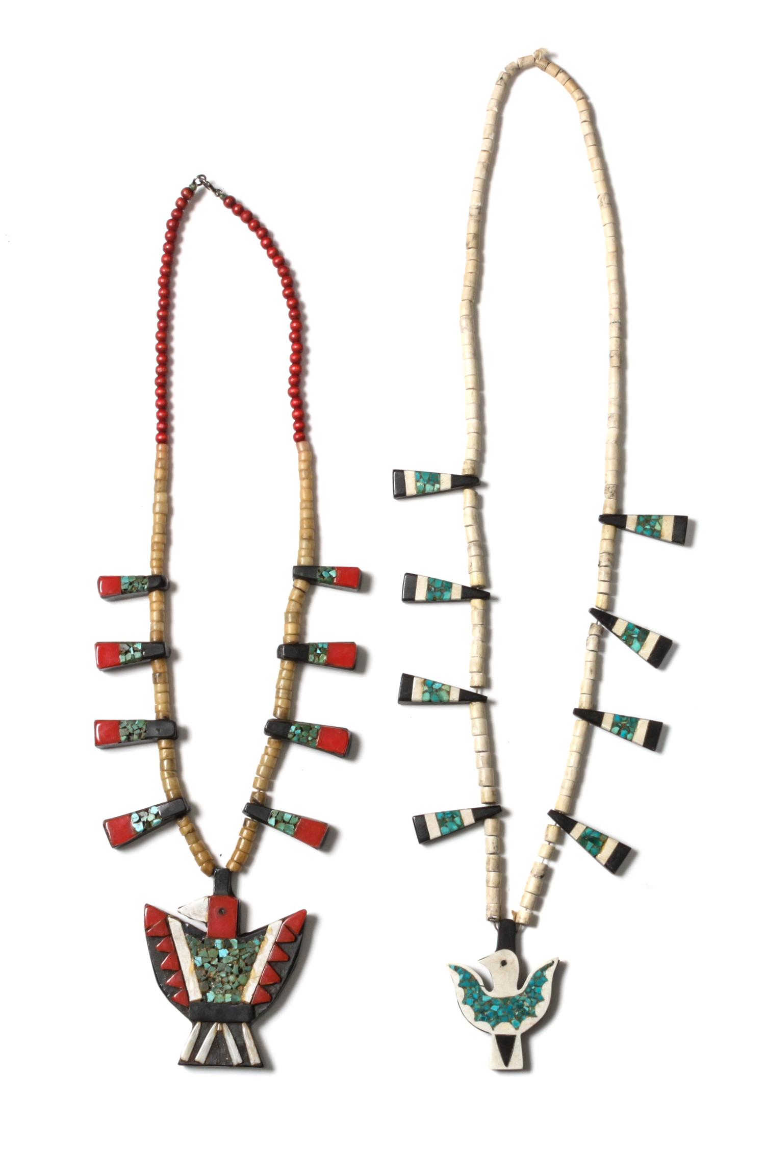 Two Santo Domingo Plastic and Turquoise Battery Bird Necklaces Length of first 26 inches plus 2 inch bird.