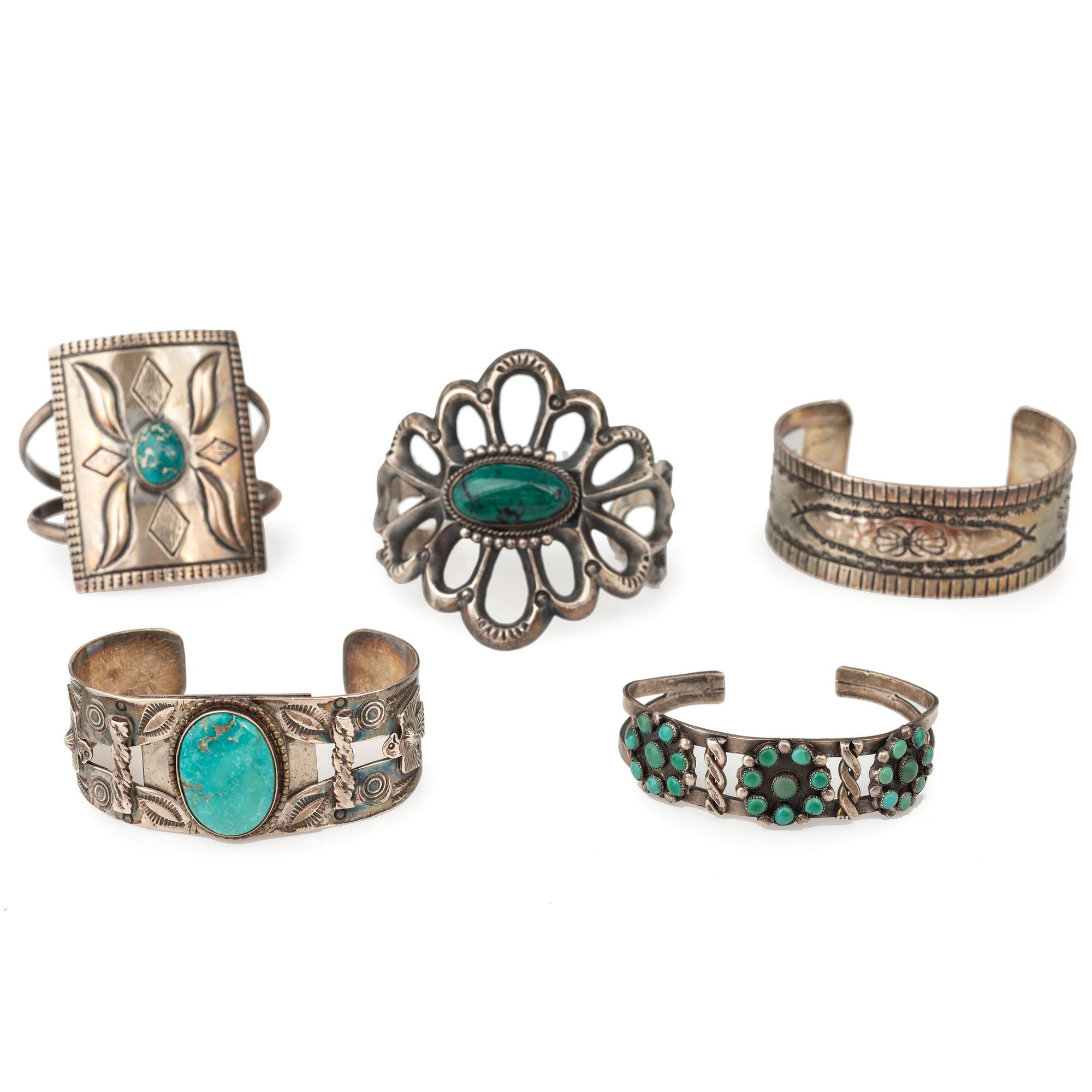 Collection of Navajo and Zuni Silver and Turquoise Cuff Bracelets