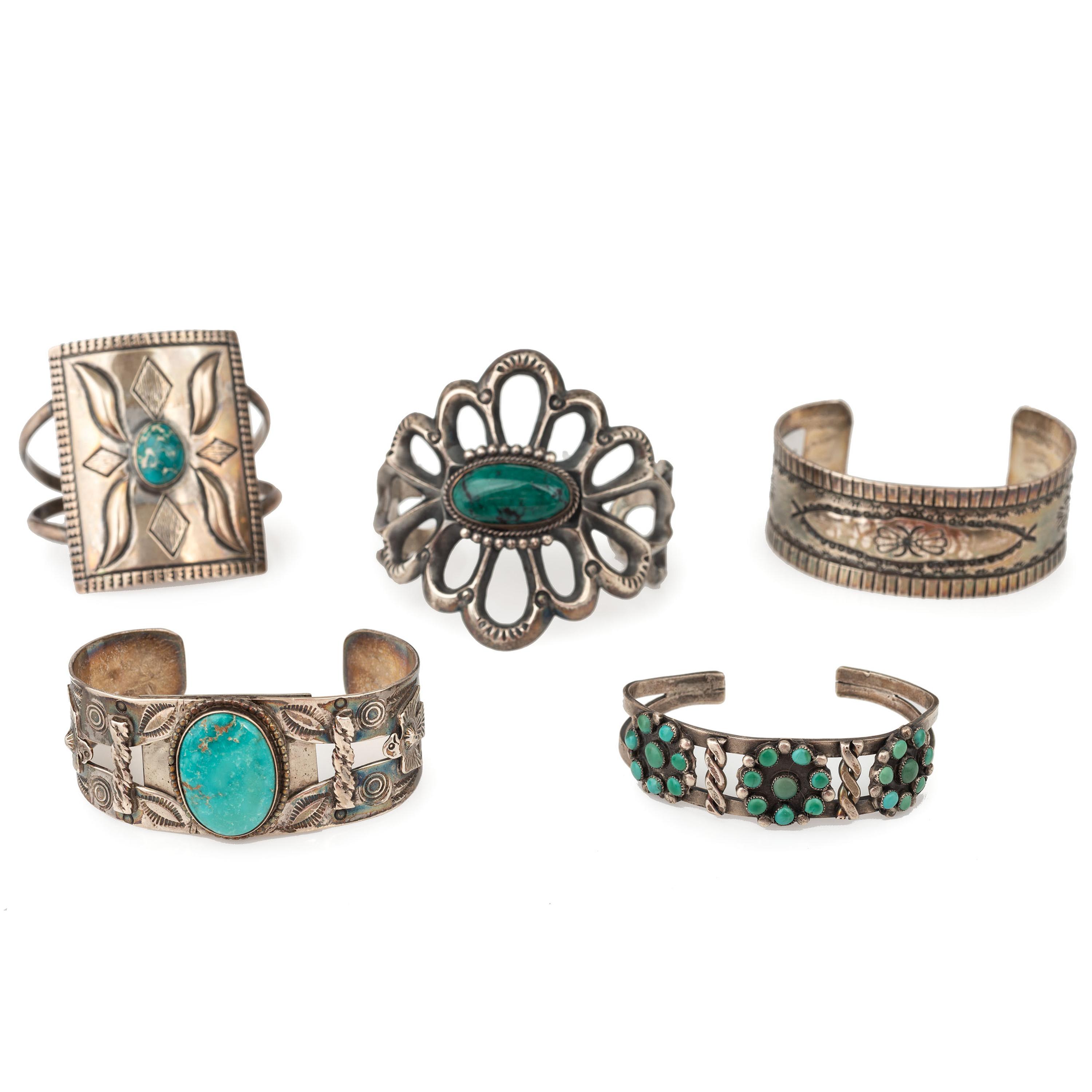Collection of Navajo and Zuni Silver and Turquoise Cuff Bracelets